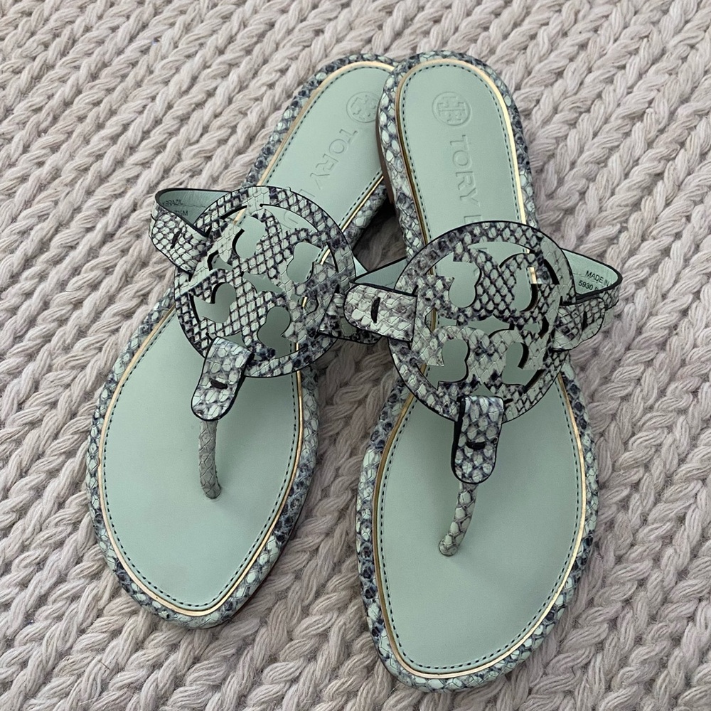 Tory Burch Mint Green Snake Print Miller Sandals